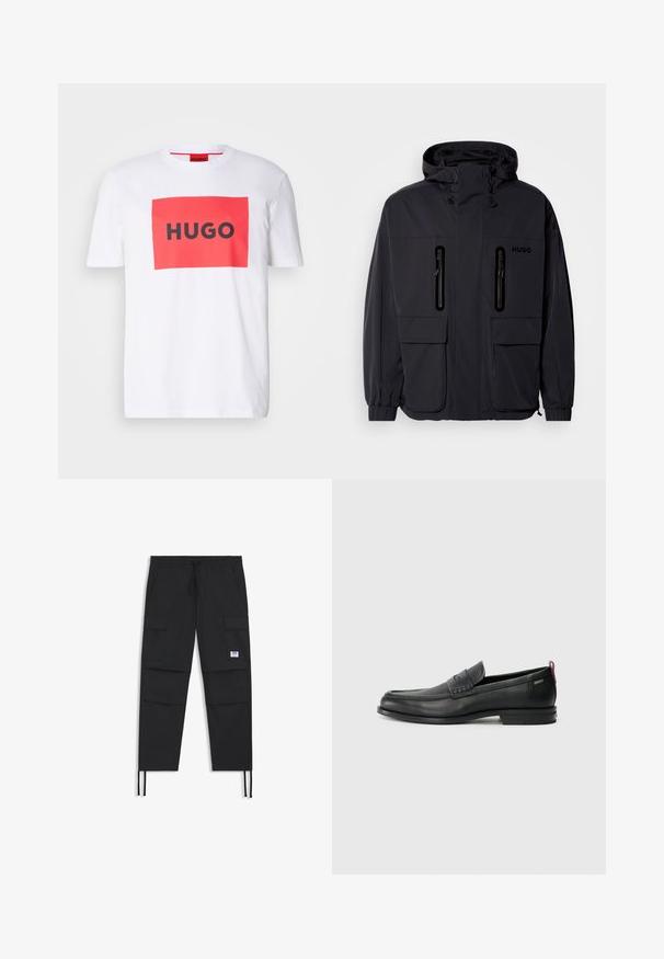Schwarze wasserdichte Jacke mit Kapuze, zwei mit Reißverschluss versehenen Brusttaschen und elastischen Bündchen. Verfügt über ein minimalistisches Design und "HUGO"-Branding.; Weißes Baumwoll-T-Shirt mit einem roten rechteckigen Grafik und fettem schwarzen Text "HUGO" in der Mitte. Kurze Ärmel, Rundhalsausschnitt-Design.; Schwarze Cargo-Hosen mit einem Kordelzugbund, mehreren Taschen, elastischem Bund und einem dezenten Logo-Patch. Hergestellt aus leichtem Material.; Schwarze Lederloafers mit einem strukturierten Vorderteil und glatten Seiten. Sie verfügen über einen schmalen Absatz und eine Schlaufe an der Rückseite für einfaches Anziehen. Klassisches Design.