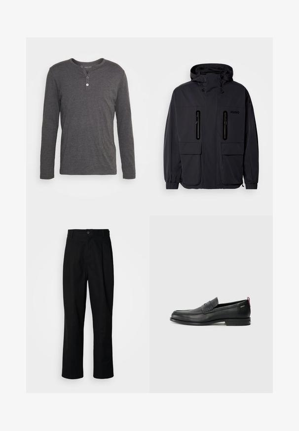 Black waterproof jacket with a hood, two zippered chest pockets, and elastic cuffs. Features minimalistic design and "HUGO" branding.; Long-sleeve, dark gray henley shirt made from soft fabric, featuring a rounded neckline, three-button placket, and regular fit.; Black straight-leg trousers with a buttoned waistband, belt loops, and front crease, displayed against a plain white background.; Black leather loafers with a textured front panel and smooth sides. Features a slim heel and rear loop for easy wear. Classic design.