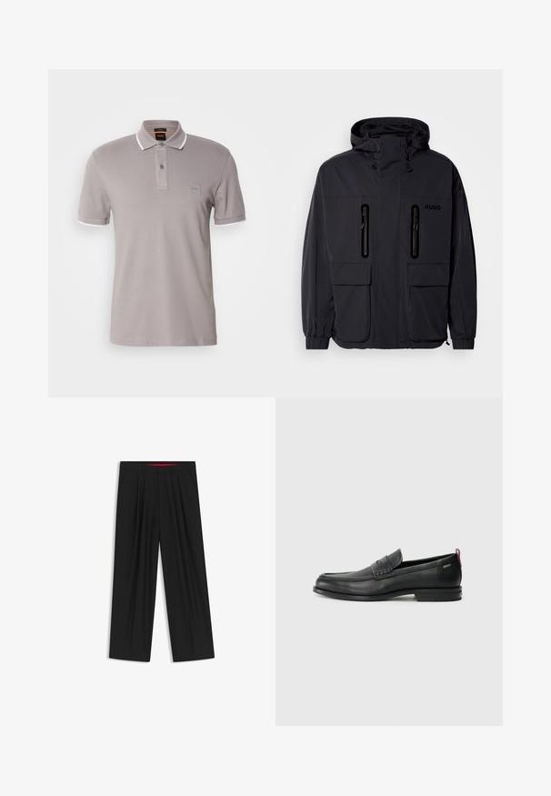 Black waterproof jacket with a hood, two zippered chest pockets, and elastic cuffs. Features minimalistic design and "HUGO" branding.; Grey polo shirt made of soft cotton, featuring a two-button placket, white collar accents, and a small logo patch on the chest.; Black wide-leg trousers with a flat front, two side pockets, pleated design, and a contrasting red interior waistband.; Black leather loafers with a textured front panel and smooth sides. Features a slim heel and rear loop for easy wear. Classic design.