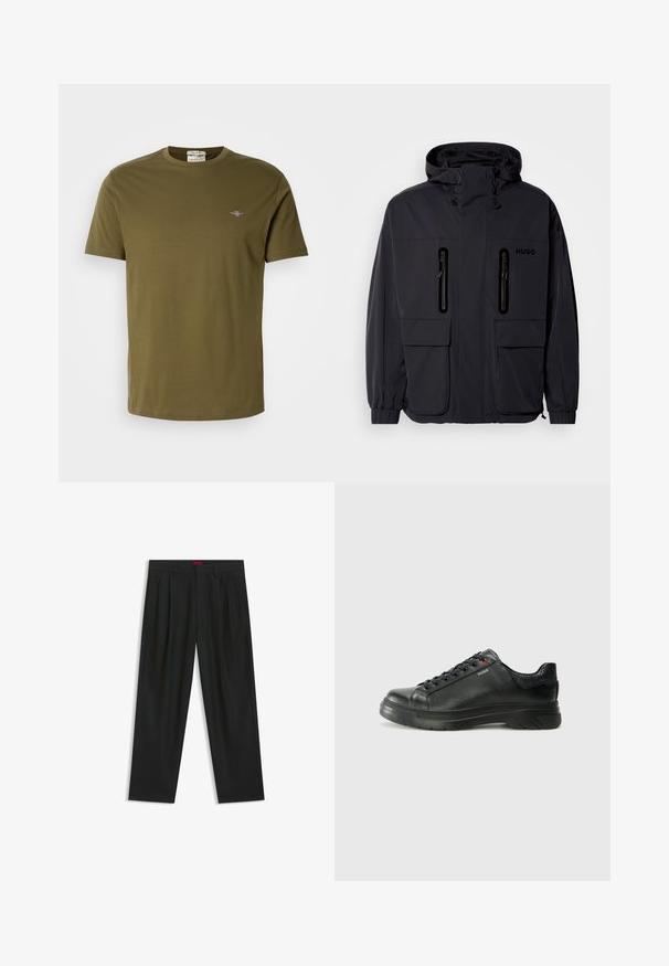 Sort vandtæt jakke med hætte, to lynlås-lommer på brystet og elastiske manchetter. Har et minimalistisk design og "HUGO" branding.; Oliven grøn kortærmet T-shirt lavet af bomuld, med en rund halsudskæring og et lille broderet logo på brystet. Glat tekstur.; Sorte bukser med plisseret design, bred benform og en glat tekstur. Har et rødt taljetag.; Sorte lædersneakers med tekstureret overdel, polstret krave og rødt logo-detajle. Har en tyk gummisål med tydeligt mønster.