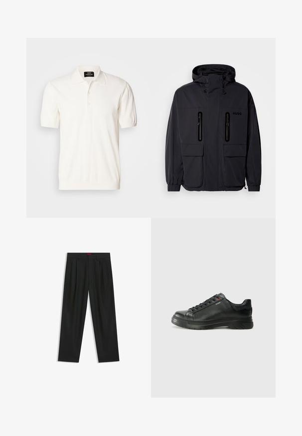 Sort vandtæt jakke med hætte, to lynlås-lommer på brystet og elastiske manchetter. Har et minimalistisk design og "HUGO" branding.; Kortærmet polo-shirt i off-white bomuld, med klassisk krave og tre-knaps lukning, der har en glat og blød tekstur.; Sorte bukser med plisseret design, bred benform og en glat tekstur. Har et rødt taljetag.; Sorte lædersneakers med tekstureret overdel, polstret krave og rødt logo-detajle. Har en tyk gummisål med tydeligt mønster.