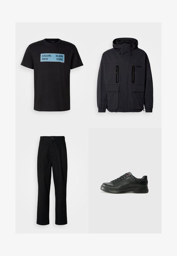 Černá voděodolná bunda s kapucí, dvěma zipovými kapsami na hrudi a elastickými manžetami. Vyznačuje se minimalistickým designem a značkovým logem "HUGO".; Černé bavlněné tričko s výrazným modrým a černým nápisem: "CALVIN NEW KLEIN YORK" vpředu. Klasický design s kulatým výstřihem, krátké rukávy.; Černé kalhoty s rovnými nohavicemi, s páskem na knoflíky, poutky na opasek a předními záhyby, vystavené na jednoduchém bílém pozadí.; Černé kožené tenisky s texturovaným svrškem, polstrovaným límcem a červeným logem. Disponují tlustou gumovou podrážkou s výrazným vzorem.