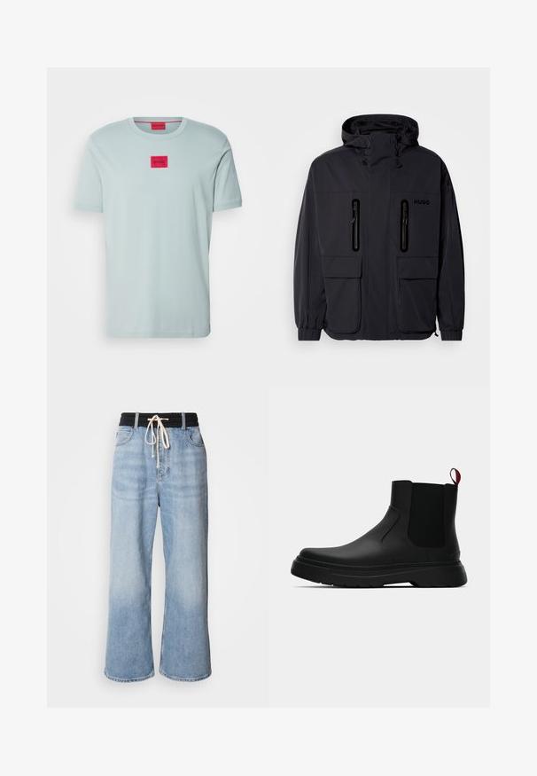 Geacă impermeabilă neagră cu glugă, două buzunare pe piept cu fermoar și manșoane elastice. Prezintă un design minimalist și branding "HUGO".; HUGO DIRAGOLINO - Tricou basic - open grey; Jeans largi de culoare albastră deschisă, cu un brâu elastic negru, având un sistem de închidere cu șnur și un design clasic cu cinci buzunare.; Botine negre până la gleznă, cu un finisaj neted, panouri laterale elastice și un tab de prindere roșu contrastant, având o talpă groasă din cauciuc și vârf rotunjit.