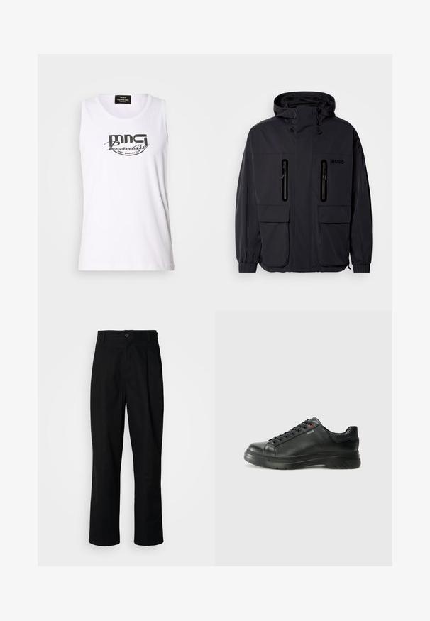 Schwarze wasserdichte Jacke mit Kapuze, zwei mit Reißverschluss versehenen Brusttaschen und elastischen Bündchen. Verfügt über ein minimalistisches Design und "HUGO"-Branding.; Weißes ärmelloses T-Shirt aus Baumwolle mit einem schwarzen Grafikdruck des Schriftzugs "MNG Paradise Disco Dancing Club" in einer fetten, geschwungenen Schriftart.; Schwarze gerade geschnittene Hosen mit einem Knopfverschluss, Gürtelschlaufen und Vorderfalten, vor einem schlichten weißen Hintergrund präsentiert.; Schwarze Leder-Sneaker mit strukturiertem Obermaterial, gepolstertem Kragen und rotem Logo-Detail. Verfügt über eine dicke Gummisohle mit markantem Profil.