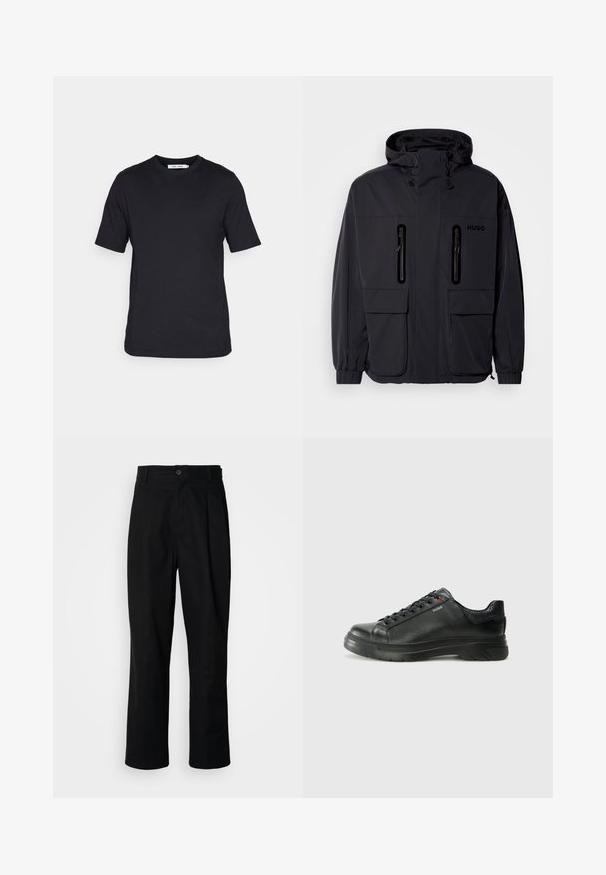 Giacca impermeabile nera con cappuccio, due tasche a zip sul petto e polsini elastici. Presenta un design minimalista e il marchio "HUGO".; T-shirt nera a maniche corte realizzata in tessuto morbido, con scollatura rotonda e orlo dritto, senza fantasie o marchi visibili.; Pantaloni neri a gamba dritta con vita con bottoni, passanti per cintura e piega frontale, esposti su uno sfondo bianco semplice.; Sneaker nera in pelle con superficie testurizzata, collo imbottito e dettaglio logo rosso. Presenta una suola in gomma spessa con un motivo di battistrada distintivo.