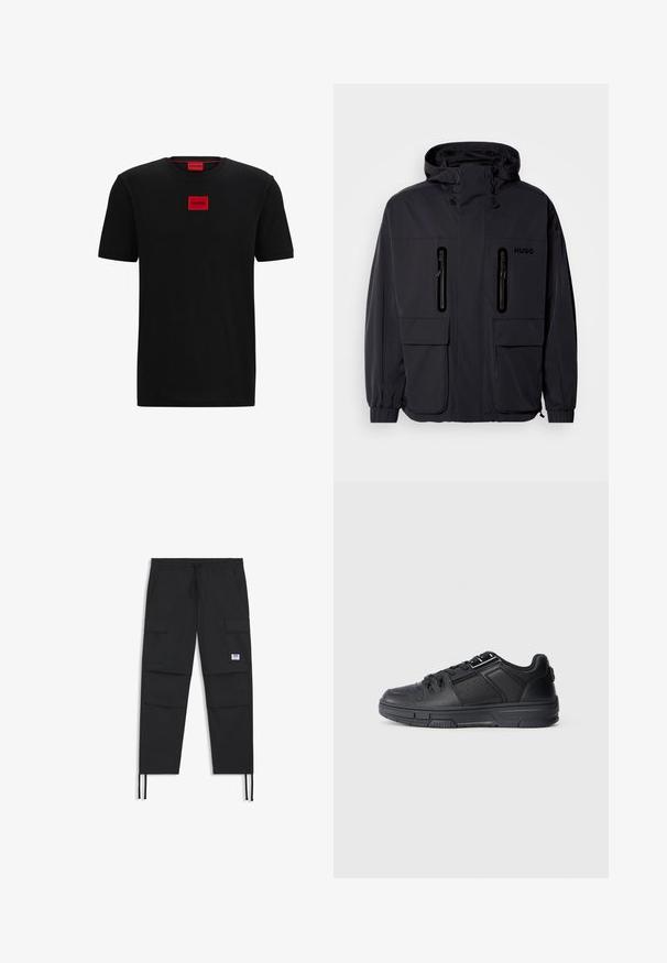 Crna vodoodbojna jakna s kapuljačom, dva ziperirana džepa na prsima i elastičnim manžetama. Ima minimalistički dizajn i "HUGO" logo.; Crna pamučna majica s okruglim izrezom, kratkim rukavima i crvenom pravokutnom logotipnom oznakom u središtu prsnog dijela. Glatka tekstura.; Crne cargo hlače s elastičnim pojasom, više džepova, elastičnim završetkom i suptilnom logotipom. Izrađene od laganog materijala.; Crne atletske cipele s glatkim kožnim gornjim dijelom, teksturiranim naglascima, perforiranim detaljima i gumeni potplat s ravnim profilom.
