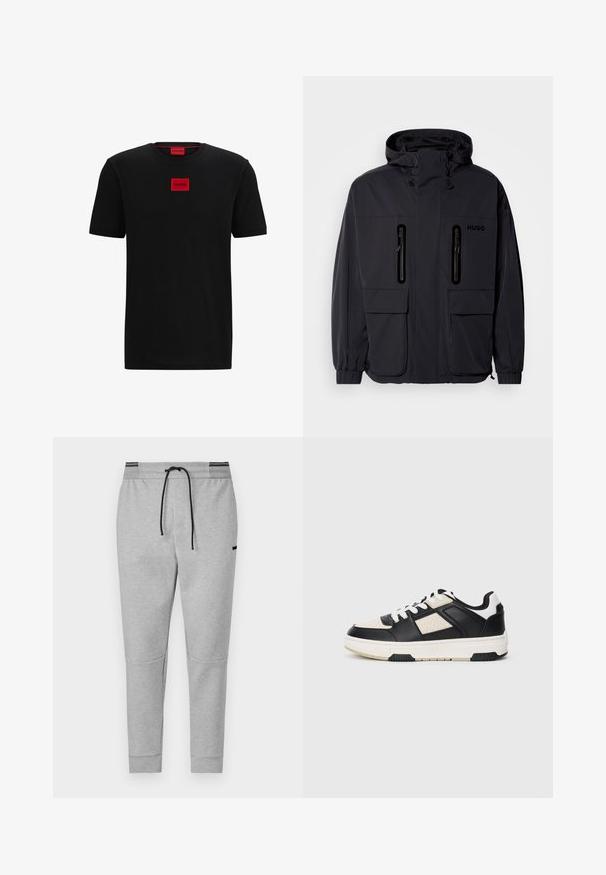 Black waterproof jacket with a hood, two zippered chest pockets, and elastic cuffs. Features minimalistic design and "HUGO" branding.; Black cotton t-shirt featuring a crew neck, short sleeves, and a red rectangular logo patch centered on the chest. Smooth texture.; Gray sweatpants with an elastic waistband, black drawstring, and zipper pockets; features knee panels and ribbed cuffs.; Black and cream sneaker with a textured leather upper, rounded toe, white laces, and a chunky white sole featuring black accents.