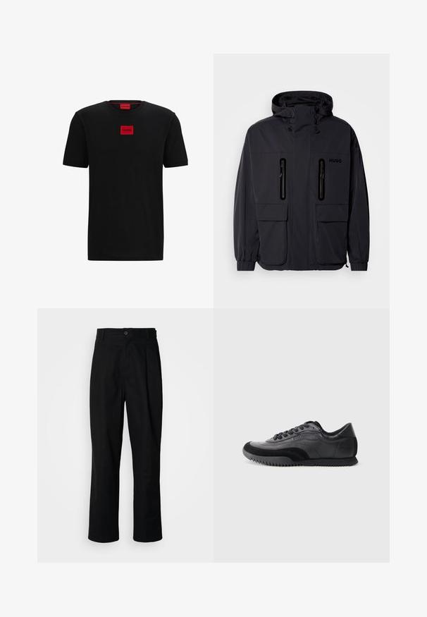 Black waterproof jacket with a hood, two zippered chest pockets, and elastic cuffs. Features minimalistic design and "HUGO" branding.; Black cotton t-shirt featuring a crew neck, short sleeves, and a red rectangular logo patch centered on the chest. Smooth texture.; Black straight-leg trousers with a buttoned waistband, belt loops, and front crease, displayed against a plain white background.; Black and gray sneaker with smooth leather upper, textured accents, round toe, six-eyelet lace closure, and a ridged rubber sole.