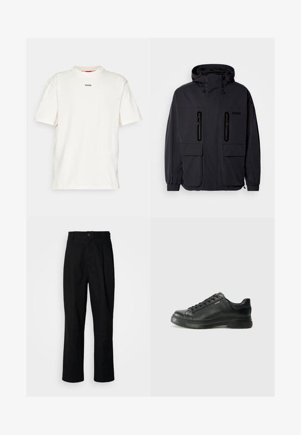 Sort vandtæt jakke med hætte, to lynlås-lommer på brystet og elastiske manchetter. Har et minimalistisk design og "HUGO" branding.; HUGO DAPOLINO - T-shirts basic - open white; Sorte lige ben bukser med en knaplukket talje, bæltestropper og en frontfold, præsenteret mod en ensfarvet hvid baggrund.; Sorte lædersneakers med tekstureret overdel, polstret krave og rødt logo-detajle. Har en tyk gummisål med tydeligt mønster.