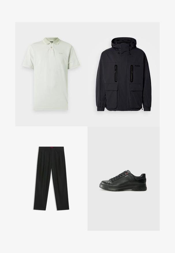 Giacca impermeabile nera con cappuccio, due tasche a zip sul petto e polsini elastici. Presenta un design minimalista e il marchio "HUGO".; Polo verde chiaro con colletto, due bottoni e dettagli a strisce bianche. Presenta un logo ricamato sul petto e maniche corte.; Pantaloni neri con un design plissè, forma a gamba larga e texture liscia. Presentano un'etichetta rossa in vita.; Sneaker nera in pelle con superficie testurizzata, collo imbottito e dettaglio logo rosso. Presenta una suola in gomma spessa con un motivo di battistrada distintivo.