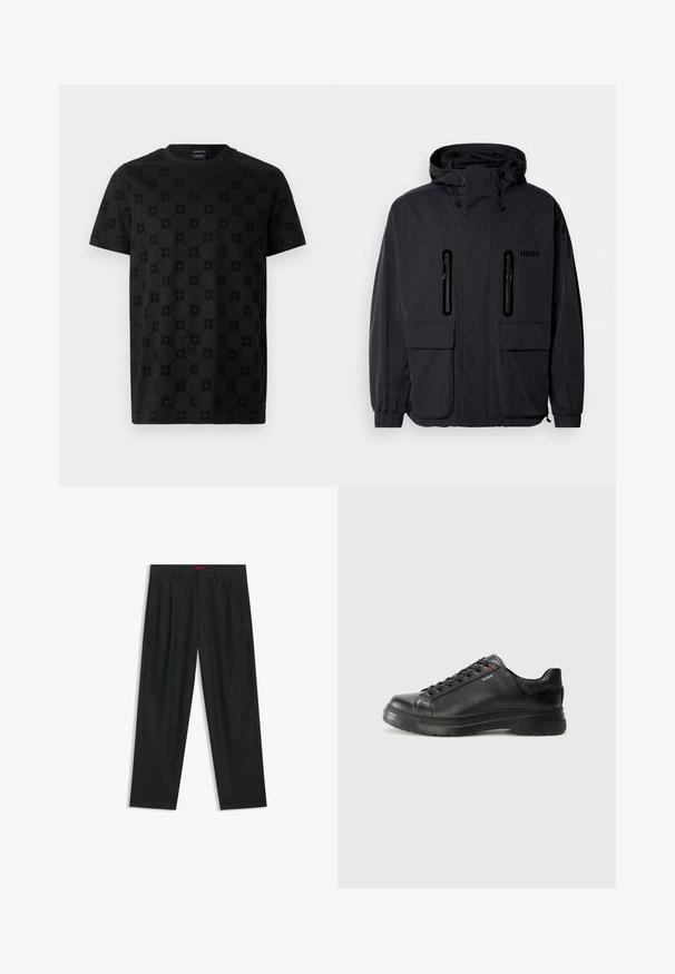 Black waterproof jacket with a hood, two zippered chest pockets, and elastic cuffs. Features minimalistic design and "HUGO" branding.; Black t-shirt featuring a textured pattern of circles and floral shapes, short sleeves, and a crew neckline. Made of soft cotton material.; Black trousers with a pleated design, wide leg shape, and a smooth texture. Features a red waistband tag.; Black leather sneaker with textured upper, padded collar, and red logo detail. Features a thick rubber sole with distinct tread pattern.