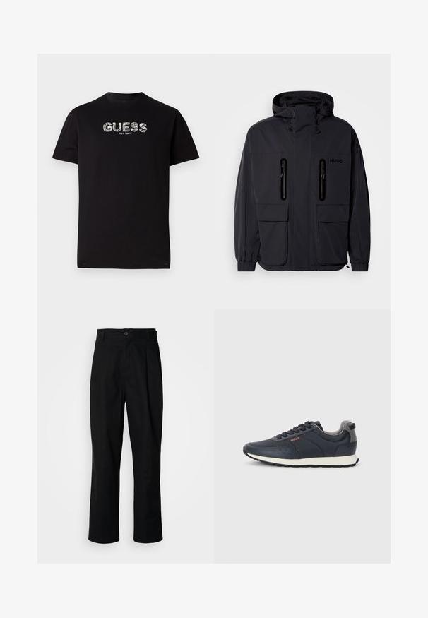 Juodas vandeniui atsparus džemperis su kapišonu, dviem užtrauktukais uždaromomis krūtinės kišenėmis ir elastingais rankogaliais. Išsiskiria minimalistiniu dizainu ir "HUGO" prekės ženklo žyme.; Juoda medvilnės marškinėliai su trumpomis rankovėmis, turintys baltą grafiką su "GUESS" logotipu ir tekstu "EST. 1981" apačioje. Apvalus iškirpimas, laisvas kirpimas.; Juodas tiesus kojų kelnes su sagomis juosmenyje, diržo kilpomis ir priekine raukšle, parodytas prieš paprastą baltą foną.; Tamsiai mėlyni sportbačiai su lygiu sintetinės medžiagos viršumi, su apvaliu kojų galiuku, pilkomis detalėmis, raištelių užsegimu ir balta tarpine bei tekstūruota juoda pačiuose.