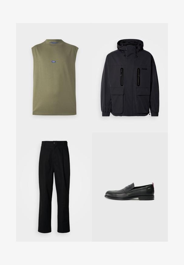 Schwarze wasserdichte Jacke mit Kapuze, zwei mit Reißverschluss versehenen Brusttaschen und elastischen Bündchen. Verfügt über ein minimalistisches Design und "HUGO"-Branding.; Ärmelloses olivgrünes Top aus weichem Stoff mit hohem Kragen und blauem HUGO-Logo auf der Brust. Sanfte Textur, minimales Design.; Schwarze gerade geschnittene Hosen mit einem Knopfverschluss, Gürtelschlaufen und Vorderfalten, vor einem schlichten weißen Hintergrund präsentiert.; Schwarze Lederloafers mit einem strukturierten Vorderteil und glatten Seiten. Sie verfügen über einen schmalen Absatz und eine Schlaufe an der Rückseite für einfaches Anziehen. Klassisches Design.