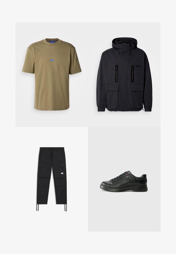 Zwarte waterdichte jas met een capuchon, twee ritszakken op de borst en elastische manchetten. Heeft een minimalistisch ontwerp en "HUGO" branding.; Olijfgroene katoenen t-shirt, ronde hals, korte mouwen, met een blauw rechthoekig logo met "HUGO" op de voorkant, gladde textuur.; Zwarte cargobroek met een trekkoord in de taille, meerdere zakken, elastische manchetten en een subtiele logo patch. Gemaakt van lichte stof.; Zwarte leren sneaker met een gestructureerde bovenkant, gevoerde kraag en rode logo-details. Heeft een dikke rubberen zool met een opvallend loopvlakpatroon.