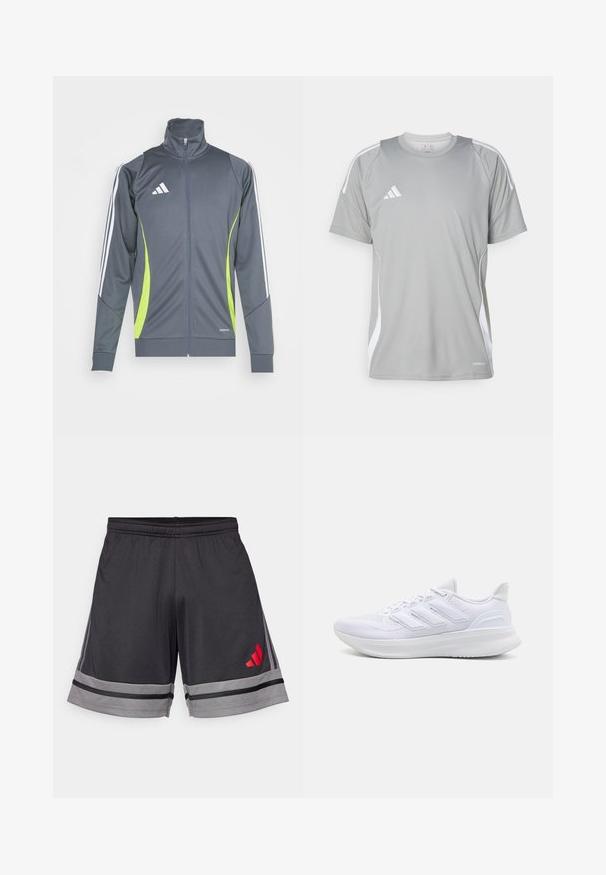 Giacca sportiva grigia con colletto alto, strisce bianche sulle maniche e dettagli verde lime. Realizzata in tessuto liscio ed elastico.; T-shirt atletico grigio chiaro a maniche corte, con dettagli bianchi e logo Adidas sul lato sinistro del petto. Realizzato in materiale traspirante.; Shorts sportivi neri realizzati in un tessuto leggero, con una striscia grigia all'orlo e un logo rosso sulla coscia sinistra. Vita elastica.; Scarpe sportive bianche con tomaia in mesh texturato, suola ammortizzata e supportiva, e design a tre strisce sul lato.