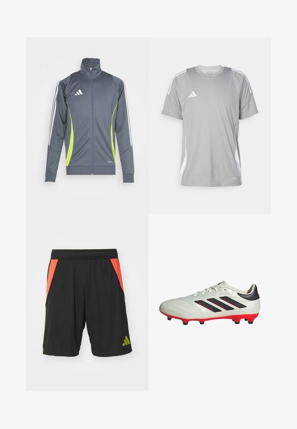 Graue Sportjacke mit hohem Kragen, weißen Streifen an den Ärmel und limegrünen Akzenten. Hergestellt aus glattem, elastischem Stoff.; Hellgraues Sport-T-Shirt mit kurzen Ärmeln, mit weißen Akzenten und einem Adidas-Logo auf der linken Brust. Hergestellt aus atmungsaktivem Material.; Schwarze Polyester-Sportshorts mit orangefarbenen und limonengrünen Seitenpaneelen, einem Gummibund und einem grünen Logo am Saum.; Weißer Fußballschuh mit schwarzen Akzenten und roter Sohle. Verfügt über drei schwarze Streifen an der Seite und ein glattes Obermaterial.