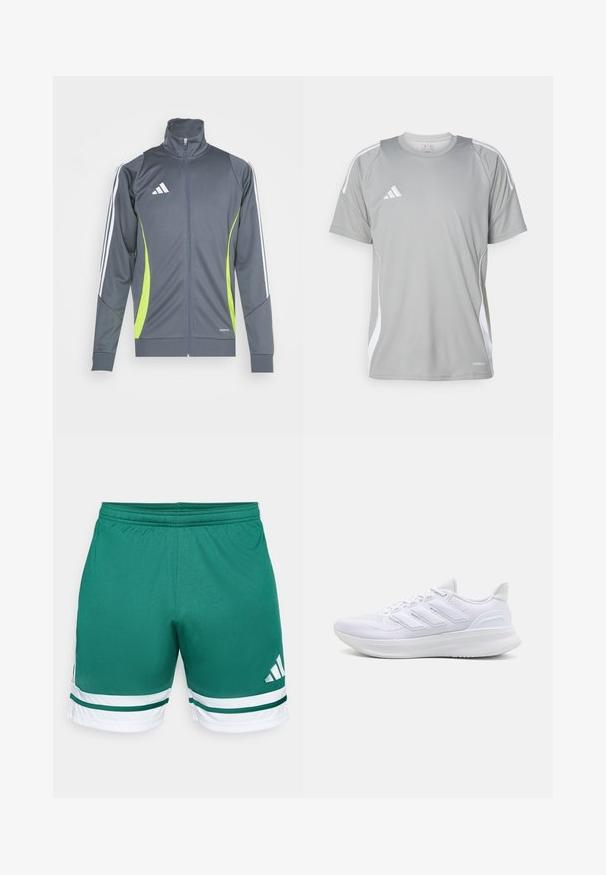 Veste de sport grise avec un col haut, des rayures blanches sur les manches et des accents vert citron. Fabriquée en tissu lisse et élastique.; T-shirt de sport gris clair à manches courtes, avec des accents blancs et un logo Adidas sur la poitrine gauche. Fabriqué en matériau respirant.; Shorts de sport verts avec une ceinture élastique, ornés de rayures et d'accents blancs. Fabriqués à partir d'un tissu lisse et dotés d'un logo sur le côté.; Chaussures de sport blanches avec un dessus en mesh texturé, une semelle rembourrée et un design à trois bandes sur le côté.