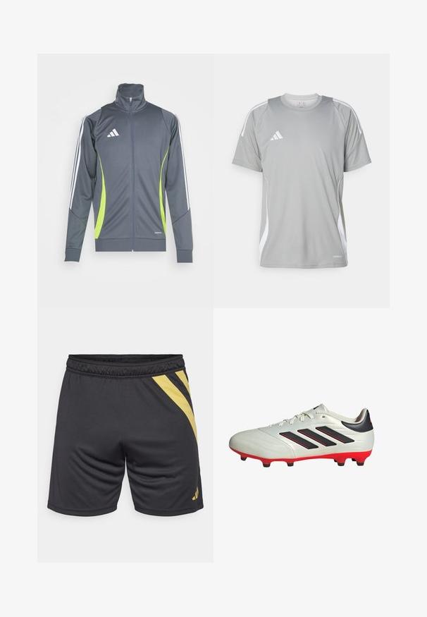 Graue Sportjacke mit hohem Kragen, weißen Streifen an den Ärmel und limegrünen Akzenten. Hergestellt aus glattem, elastischem Stoff.; Hellgraues Sport-T-Shirt mit kurzen Ärmeln, mit weißen Akzenten und einem Adidas-Logo auf der linken Brust. Hergestellt aus atmungsaktivem Material.; Schwarze Sportshorts mit einem gelben diagonalen Streifenmuster, elastischem Bund und glatter Textur, geeignet für Sport und Fitness.; Weißer Fußballschuh mit schwarzen Akzenten und roter Sohle. Verfügt über drei schwarze Streifen an der Seite und ein glattes Obermaterial.
