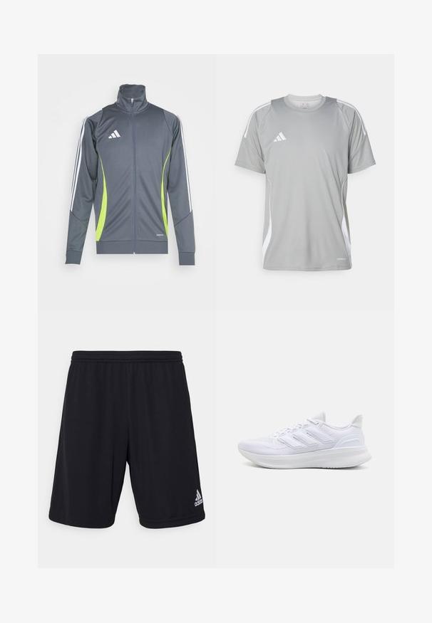 Graue Sportjacke mit hohem Kragen, weißen Streifen an den Ärmel und limegrünen Akzenten. Hergestellt aus glattem, elastischem Stoff.; Hellgraues Sport-T-Shirt mit kurzen Ärmeln, mit weißen Akzenten und einem Adidas-Logo auf der linken Brust. Hergestellt aus atmungsaktivem Material.; Schwarze Sportshorts aus einem leichten, atmungsaktiven Stoff. Mit einem Gummibund und einem silbernen Adidas-Logo auf der unteren rechten Seite.; Weiße Sportschuhe mit einem strukturierten Mesh-Obermaterial, einer stützenden gepolsterten Sohle und einem drei Streifen-Design an der Seite.