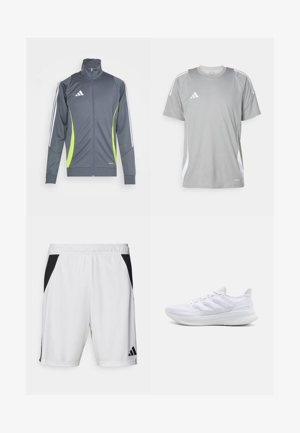 Hallhalli hallitusjakk, millel on kõrge krae, valged triibud käistel ja laimikollased aktsendid. Valmistatud sujuvast, elastsetest kangast.; Helehall hallitussärk, lühikeste varrukatega, valgete aktsentidega ja vasakul rinnal Adidas'i logo. Valmistatud hingavast materjalist.; Valged sportlikud šortid musta külgpaneeliga, elastse vöökoha ja Adidas logo paremal alajala kohal. Valmistatud kergest kangast.; Valged spordijalatsid, millel on tekstuuriga võrgusilma ülemine osa, toetav pehme põhi ja külgedel kolme triibu disain.