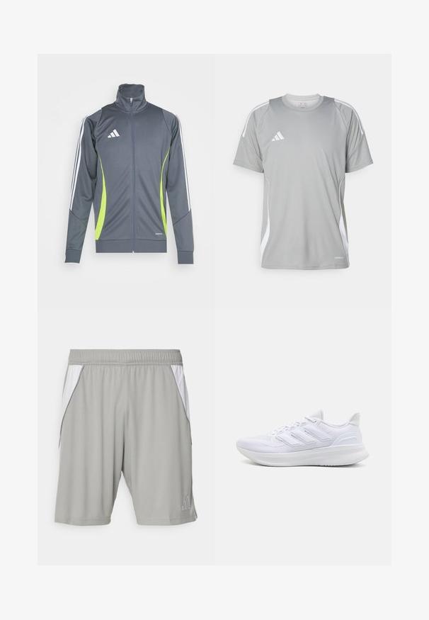 Chaqueta deportiva gris con un cuello alto, rayas blancas en las mangas y detalles en verde lima. Fabricada con una tela suave y elástica.; Camiseta deportiva de color gris claro con mangas cortas, con detalles en blanco y un logo de Adidas en el lado izquierdo del pecho. Fabricada con material transpirable.; Pantalones cortos deportivos grises hechos de un tejido ligero, con paneles laterales blancos, una cinturilla elástica y un pequeño logo en la esquina inferior.; Zapatillas deportivas blancas con una parte superior de malla texturizada, suela acolchada y soporte, y un diseño de tres rayas en el lateral.