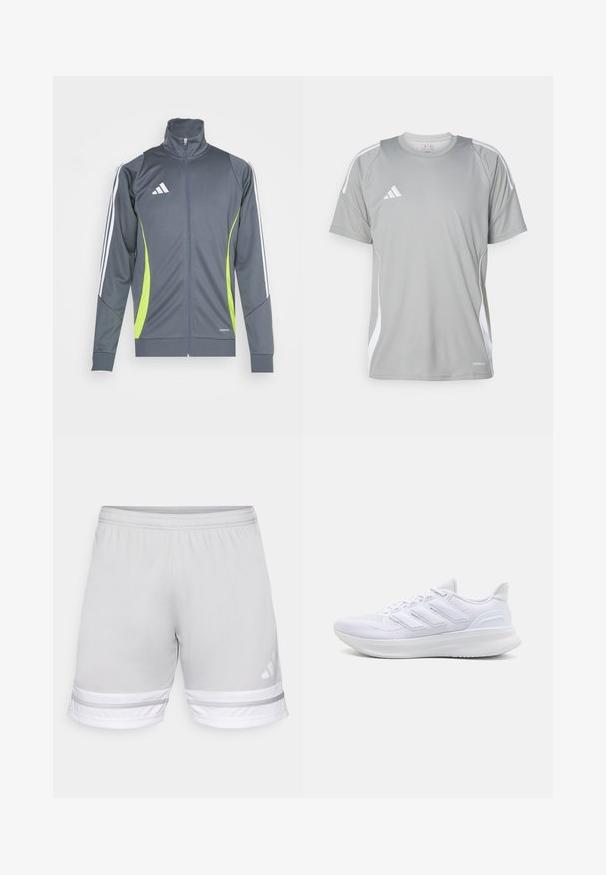 Harmaa urheilu takki, jossa on korkea kaulus, valkoiset raidat hihoissa ja limenvihreät yksityiskohdat. Valmistettu sileästä, joustavasta kankaasta.; Vaaleanharmaa urheilupaita lyhyillä hihoilla, jossa valkoisia yksityiskohtia ja Adidas-logo vasemmassa rinnassa. Valmistettu hengittävästä materiaalista.; Vaaleanharmaat urheilushortsit, joissa on joustava vyötärö, ja hemmassa on valkoisia ja harmaita raitoja sekä Adidas-logo.; Valkoiset urheilukengät, joissa on teksturoitu verkkomateriaali ylhäällä, tukevat pehmustetut pohjat ja kolme raitaa sivussa.