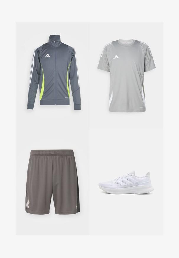 Graue Sportjacke mit hohem Kragen, weißen Streifen an den Ärmel und limegrünen Akzenten. Hergestellt aus glattem, elastischem Stoff.; Hellgraues Sport-T-Shirt mit kurzen Ärmeln, mit weißen Akzenten und einem Adidas-Logo auf der linken Brust. Hergestellt aus atmungsaktivem Material.; adidas Performance REAL MADRID 3RD SHORT - Vereinsmannschaften - charcoal; Weiße Sportschuhe mit einem strukturierten Mesh-Obermaterial, einer stützenden gepolsterten Sohle und einem drei Streifen-Design an der Seite.