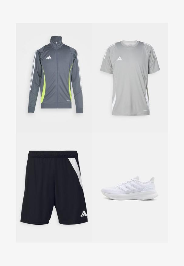Graue Sportjacke mit hohem Kragen, weißen Streifen an den Ärmel und limegrünen Akzenten. Hergestellt aus glattem, elastischem Stoff.; Hellgraues Sport-T-Shirt mit kurzen Ärmeln, mit weißen Akzenten und einem Adidas-Logo auf der linken Brust. Hergestellt aus atmungsaktivem Material.; Schwarze Sportshorts mit einem elastischen Taillenbund, die auf der linken Seite einen diagonalen weißen Streifen und ein weißes Logo-Detail in der unteren rechten Ecke haben.; Weiße Sportschuhe mit einem strukturierten Mesh-Obermaterial, einer stützenden gepolsterten Sohle und einem drei Streifen-Design an der Seite.