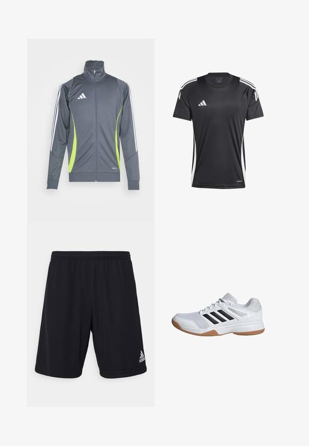 Gray athletic jacket with a high collar, white stripes on sleeves, and lime green accents. Made from smooth, elastic fabric.; Black athletic t-shirt with short sleeves, featuring white side stripes and Adidas logo. Made of smooth, moisture-wicking material.; Black athletic shorts made from a lightweight, breathable fabric. Features an elastic waistband and a silver Adidas logo on the lower right side.; White athletic shoe with black striped accents, mesh upper, cushioned sole, and rubber outsole. Designed for comfort and support in sports.