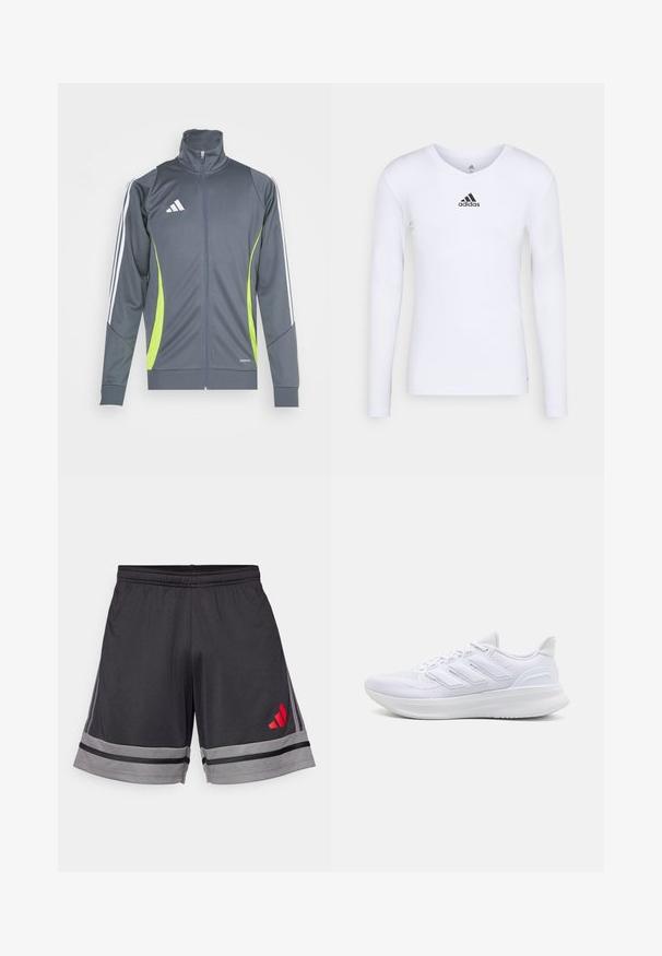 Gray athletic jacket with a high collar, white stripes on sleeves, and lime green accents. Made from smooth, elastic fabric.; Long-sleeve white athletic shirt made of smooth material featuring a black Adidas logo at the chest; V-neck design and fitted shape.; Black athletic shorts made of lightweight fabric, featuring a gray stripe at the hem and a red logo on the left thigh. Elastic waistband.; White athletic shoes featuring a textured mesh upper, supportive cushioned sole, and three stripe design on the side.
