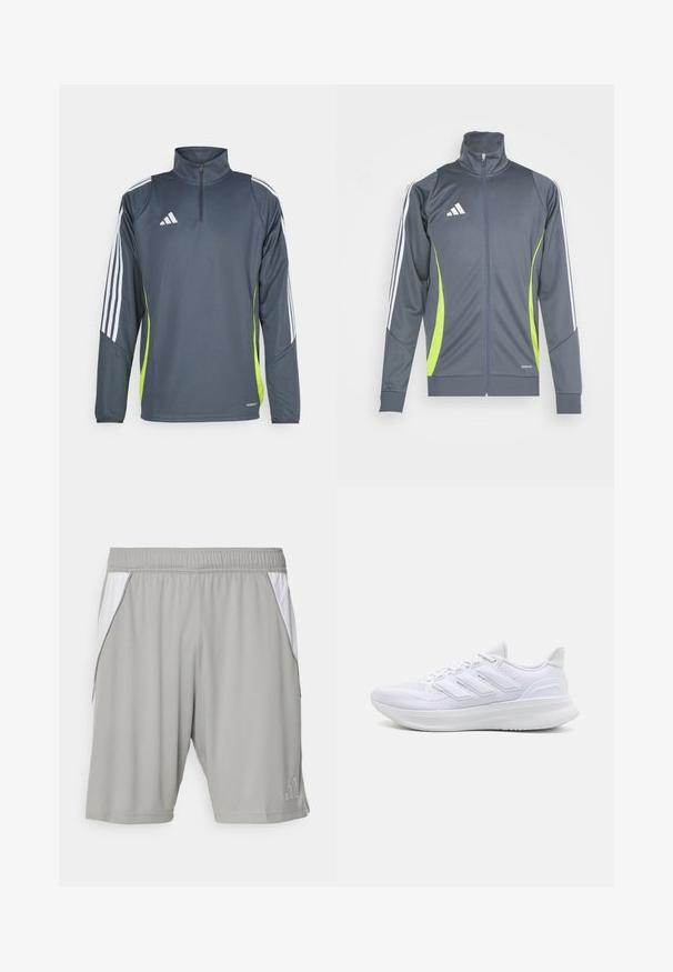 Šedá sportovní bunda s vysokým límcem, bílými pruhy na rukávech a limetkově zelenými akcenty. Vyrobena z hladkého elastického materiálu.; Tmavě šedý sportovní svetr s čtvrtinovým zipem, bílými pruhy na ramenech a jasně zeleným bočním panelem. Vyrobeno z hladké, prodyšné tkaniny.; Šedé sportovní šortky vyrobené z lehkého materiálu, s bílými postranními panely, elastickým pasem a malým logem v dolním rohu.; Bílé sportovní boty s texturovaným síťovaným svrškem, podpůrnou polstrovanou podrážkou a třemi pruhy na boku.