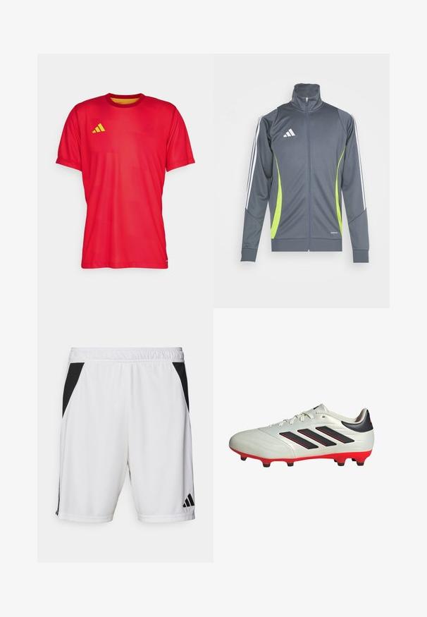 Giacca sportiva grigia con colletto alto, strisce bianche sulle maniche e dettagli verde lime. Realizzata in tessuto liscio ed elastico.; Maglietta sportiva rossa realizzata in tessuto leggero. Presenta un collo rotondo, maniche corte e un logo giallo in accentuata sul lato sinistro del petto.; Shorts sportivi bianchi con un pannello laterale nero, cintura elastica e logo Adidas sulla gamba destra. Realizzati in tessuto leggero.; Scarpa da calcio bianca con accenti neri e suola rossa. Presenta tre strisce nere sul lato e una tomaia liscia e testurizzata.