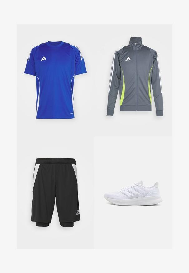 Gray athletic jacket with a high collar, white stripes on sleeves, and lime green accents. Made from smooth, elastic fabric.; Blue sports t-shirt made of lightweight fabric, featuring white accents on the shoulders and sides, with a small logo on the chest.; Black athletic shorts with a lightweight fabric, white side panels, elastic waistband, and a reflective logo detail on the bottom left.; White athletic shoes featuring a textured mesh upper, supportive cushioned sole, and three stripe design on the side.