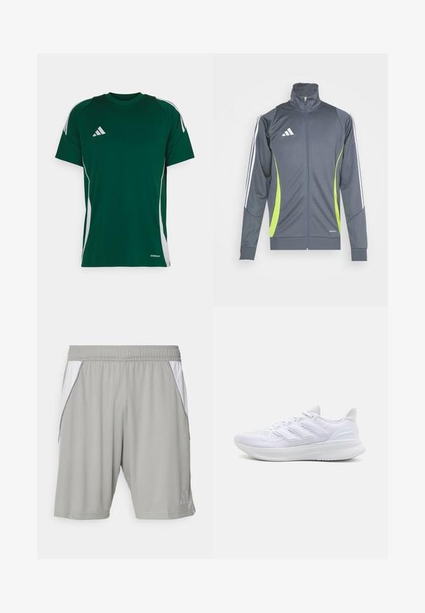 Chaqueta deportiva gris con un cuello alto, rayas blancas en las mangas y detalles en verde lima. Fabricada con una tela suave y elástica.; Camiseta deportiva verde de manga corta, con franjas laterales blancas y un logo bordado en el lado izquierdo del pecho. Fabricada con un material transpirable.; Pantalones cortos deportivos grises hechos de un tejido ligero, con paneles laterales blancos, una cinturilla elástica y un pequeño logo en la esquina inferior.; Zapatillas deportivas blancas con una parte superior de malla texturizada, suela acolchada y soporte, y un diseño de tres rayas en el lateral.