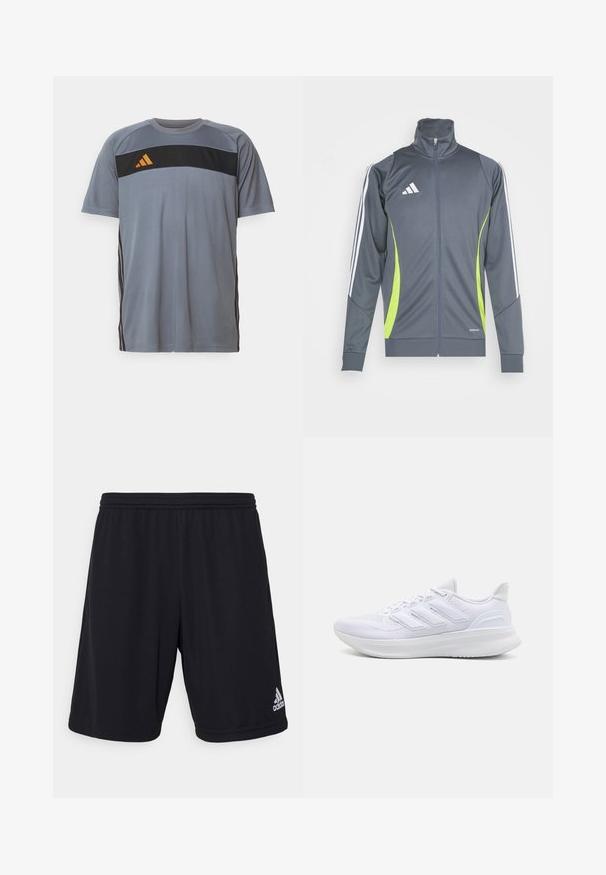 Gray athletic jacket with a high collar, white stripes on sleeves, and lime green accents. Made from smooth, elastic fabric.; Gray athletic t-shirt with short sleeves, featuring a black horizontal panel and orange logo. Black stripes run down the sides.; Black athletic shorts made from a lightweight, breathable fabric. Features an elastic waistband and a silver Adidas logo on the lower right side.; White athletic shoes featuring a textured mesh upper, supportive cushioned sole, and three stripe design on the side.