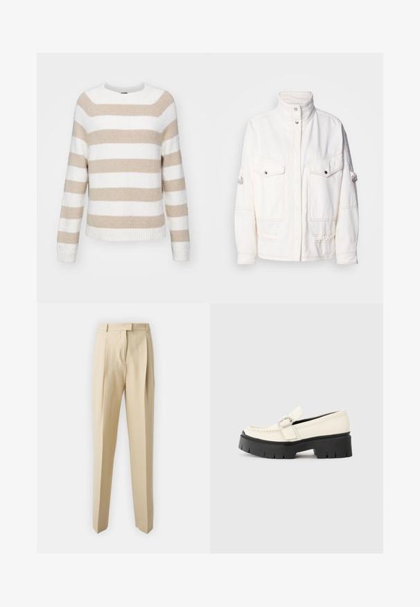 Bela denimska jakna z visokim ovratnikom, dvema sprednjima žepoma, srebrnimi pritrdilnimi gumbi in kontrastnimi šivi. Ima sproščen kroj.; BOSS FEBISAN - Pulover - beige/off-white; Bež hlače s krojem ravne nogavice, ki imajo zadrgo, pas ter gladko teksturo. Brez vidnih žepov ali okrasnih elementov.; Bela usnjena loafer čevlja z debelim črnim podplatom, ki ima pravokotno srebrno zaponko in vidne šive na zgornjem delu.