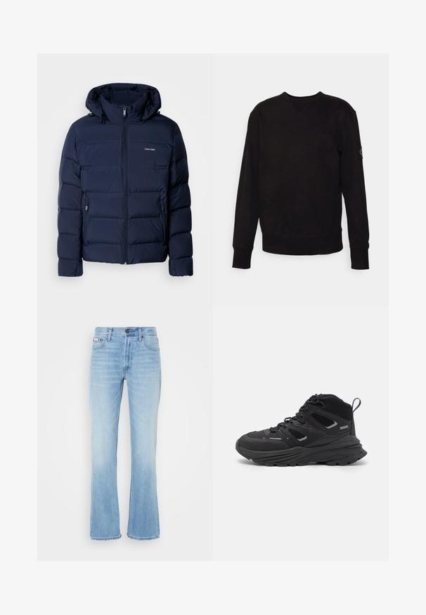 Jachetă puffer bleumarin cu glugă, cu fermoar complet, două buzunare laterale și panouri cusute pentru izolație. Logo subtil pe piept.; Hanorac negru cu guler rotund, fabricat din bumbac. Prezintă manșete și tiv din tricot, cu o mică etichetă logo pe mâneca stângă. Suprafață plate și netedă.; Jeans din denim albastru deschis, cu tiv evazat, finisaj uzat, cinci buzunare, bucle pentru curea și închidere cu nasture la talie.; Pantofi de drumeție negri cu un design stratificat, material texturat și talpă din cauciuc, cu zone întărite și sistem de șireturi.