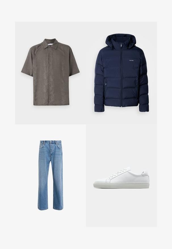 Tamsiai mėlynas pūkų striukė su kapuce, turinti pilną užtrauktuką, dvi šonines kišenes ir siūtas panele izoliacijai. Diskretiška logo ant krūtinės.; Trumpas rankovėmis, alyvuogių žalios spalvos marškiniai iš tekstūruoto audinio, su reljefiniu lapų raštu, klasikiniu apykaklė ir priekinis užsegimas sagomis.; Šviesiai mėlyni džinsai su tiesiu kirpimu, penkios kišenės, mygtuko užsegimas, minimalus blukimas ir kontrastingi siuvimo detalės.; Baltas sportinis batelis su lygiu odiniu paviršiumi ir žemu profiliu. Turi suapvalintą pirštą, šešis akių skyrius ir tekstūruotą gumos padą.