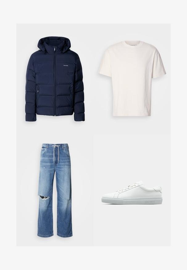 Marineblaue Steppjacke mit Kapuze, ausgestattet mit einem durchgehenden Reißverschluss, zwei seitlichen Taschen und genähten Einsätzen zur Isolierung. Dezentes Logo auf der Brust.; Cremfarbendes Baumwoll-T-Shirt mit Rundhals. Kurzarm und lockere Passform. Verfügt über ein kleines Logo am Hals. Glatte Textur.; Helle blaue Denim-Jeans mit einer lockeren Passform, ausgestattet mit einem weißen Kordelzugbund und markanten Rissen auf der Vorderseite, die ausgefranste Kanten zeigen.; Weiße Leder-Sneaker mit glatter Oberfläche, runder Zehenpartie, flachen Schnürsenkeln und minimalistischem Design. Hellgraue Gummisohle mit Branding an der Seite.
