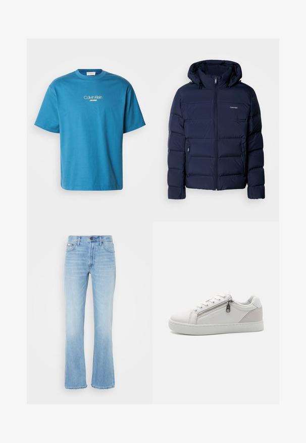 Tamsiai mėlynas pūkų striukė su kapuce, turinti pilną užtrauktuką, dvi šonines kišenes ir siūtas panele izoliacijai. Diskretiška logo ant krūtinės.; Mėlynas medvilninis marškinėliai su apvalia iškirpte ir trumpomis rankovėmis, su "Calvin Klein JEANS" logotipu geltona siuvinėta ant krūtinės.; Šviesiai mėlyni džinsiniai platūs džinsai su išblukusiu apdaila, penki kišenės, diržo kilpos ir užsegimas mygtuku juosmens srityje.; Balti sportiniai batai su lygia oda, kontrastingais kreminės spalvos zomšiniais akcentais kulne ir užtrauktuko detale šone.