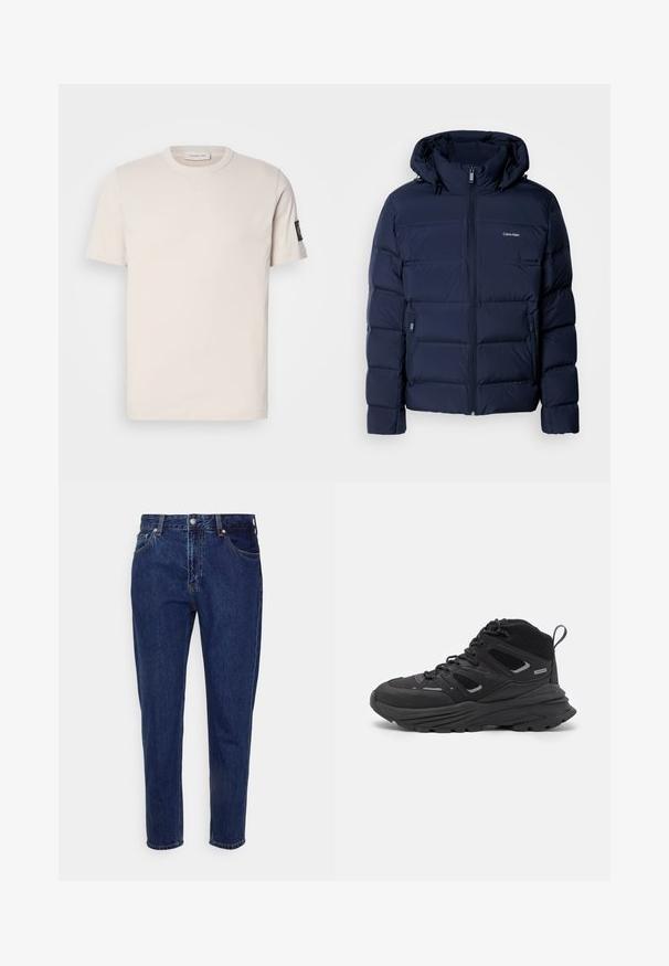 Tumed sinise värvi puffjakke, millel on kapuuts, täispikk tõmblukk, kaks külg taskut ja soojuse tagamiseks õmmeldud paneelid. Diskreetne logo rinnal.; Helebeez puuvillane T-särk ümmarguse kaelusega, lühikeste varrukatega ja vasakul varrukal väikese musta logo paigaga. Sile tekstuur.; Tumed sinise denimi teksad, sirge sääre disainiga, viie taskuga ja nupuväärisega kinnitusega. Omab peenet kulumist ja õmbluse detailimist.; Mustad matkajalatsid, millel on kihiline disain, tekstureeritud kangas ja kummist tallad, tugevduskohtadega ning sidumisfront.