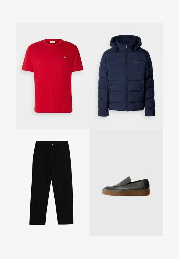 Navy blue puffer jacket with a hood, featuring a full zipper, two side pockets, and stitched panels for insulation. Subtle logo on chest.; Red cotton t-shirt with short sleeves, round neckline, and small navy logo detailing on the chest. Smooth texture, casual fit.; Black denim pants featuring a straight-leg cut, five-pocket design, and a front button closure. Smooth texture with minimal stitching details.; Calvin Klein HYBRID CUP - Slip-ons - after dark