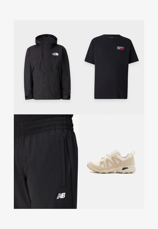 Juodas vandeniui atsparus džemperis su kapišonu, turintis užtrauktuką, sagas ir prekių ženklą ant krūtinės. Su reguliuojamomis rankovėmis ir lygiu paviršiumi.; Juodas medvilninis marškinėliai su apvaliu dekoltė. Paveikslėlyje matoma maža raudona ir balta "New Balance" logotipas ir tekstas kairėje krūtinės pusėje.; Juodi sportiniai kelnės su elastinga juosmena, šonine kišene ir balta New Balance logotipu ant šlaunies.; Bežinės ir kreminės spalvos sportinės bateliai su tekstūruoto tinklelio viršutine dalimi, palaikančiomis detalėmis ir guminiais padais, turinčiais raštą, užtikrinantį sukibimą.