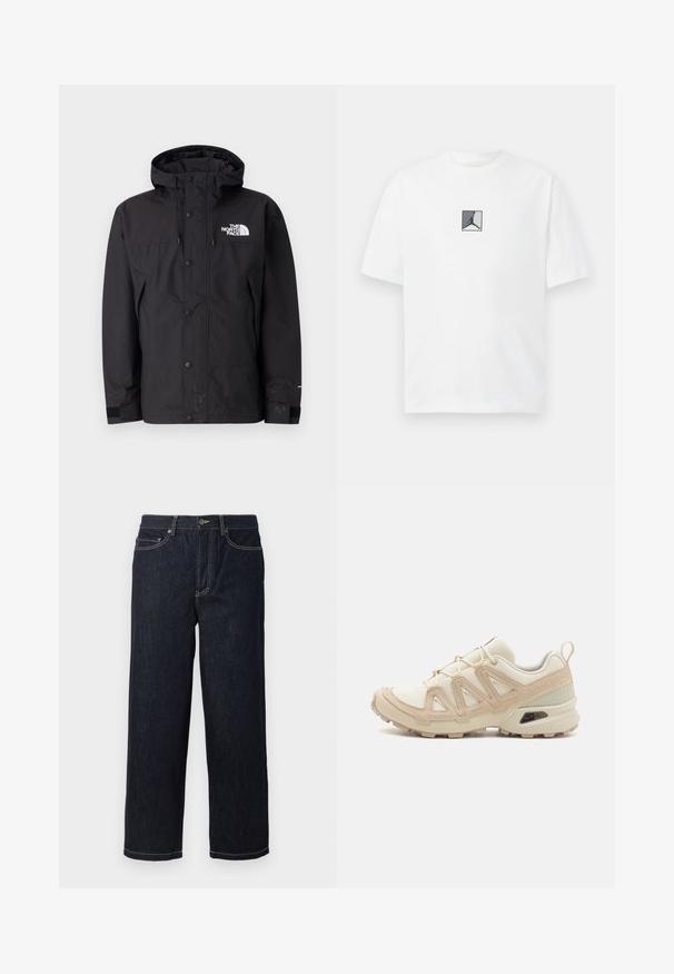 Musta vedenpitävä takki hupulla, jossa on vetoketjusuljenta, napit ja brändin logo rinnassa. Takissa on säädettävät hihat ja sileä pinta.; Valkoinen puuvillapaita, jossa on keskellä musta ja harmaa logokuva. Klassinen pyöreä kaula-aukko ja lyhyet hihat rentoa istuvuutta varten.; Tummansiniset suorat farkut, joissa on viisi taskua ja valkoinen kontrastitikkaus, napilla suljettava ja vyölenkit.; Beige ja kreemi värvi sportlikud jalanõud, millel on tekstiilne mesh ülemine osa, toetavad ülekatted ja kummist tald, millel on mustripattern haardeks.