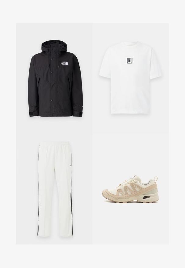 Svart vanntett jakke med hette, med glidelås lukking, knapper og merke logo på brystet. Har justerbare mansjetter og en jevn tekstur.; Hvit bomull t-skjorte med et sentralt svart og grått logografikk. Klassisk rund hals og korte ermer med en avslappet passform.; Hvite treningsbukser med elastisk liv, med svarte sidelister, rett ben design og glatt stoffstruktur.; Beige og krem joggesko med teksturert mesh-overdel, støttende overlegg og gummisåle med et mønster for godt grep.