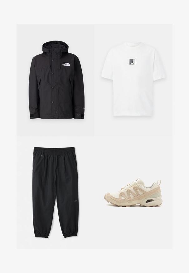 Melnas ūdensnecaurlaidīgas jakas ar kapuci, ar rāvējslēdzēja aizdari, pogām un zīmola logo uz krūškurvja. Tam ir regulējami piedurknes un gluda tekstūra.; Balta kokvilnas T-krekls ar centrālo melno un pelēko logotipa grafiku. Klasiska apaļa kakla forma un īsas piedurknes ar brīvāku piegriezumu.; Melni ikdienas bikses ar elastīgu jostasvietu, sānu kabatām, potīšu elastīgiem galiem un mazu logo labajā augšstilbā.; Beige un krēma sporta apavi ar strukturētu tīkla virsmu, atbalstošajiem slāņiem un gumijas zoli ar protektoru rakstu, kas nodrošina saķeri.