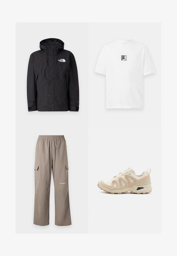 Μαύρο αδιάβροχο μπουφάν με κουκούλα, που διαθέτει φερμουάρ, κουμπιά και λογότυπο στη θήκη. Έχει ρυθμιζόμενους καρπούς και λεία υφή.; Λευκό βαμβακερό t-shirt με κεντρικό λογότυπο γραφικού σχήματος σε μαύρο και γκρι χρώμα. Κλασική στρογγυλή λαιμόκοψη και κοντά μανίκια με χαλαρή εφαρμογή.; Cargo παντελόνια από ελαφρύ ύφασμα, σε ταμπά χρώμα, με ελαστική μέση, πλαϊνές τσέπες και μια διακριτική λογότυπο της μάρκας.; Μπεζ και κρεμ αθλητικό παπούτσι με υφασμάτινη άνω επιφάνεια με υφή, υποστηρικτικά overlay και καουτσούκ σόλα με σχέδιο πέλματος για πρόσφυση.