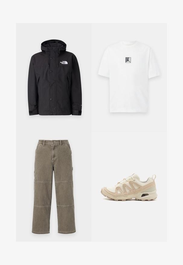 Mustan veekindel jakk, millel on kapuuts, tõmblukuga ja nuppudega kinnitamine ning brändi logo rinnal. Tootel on reguleeritavad mansetid ja sile tekstuur.; Valge puuvillane T-särk, millel on keskel must ja hall logo graafika. Klasikaline ümmargune kaelus ja lühikesed varrukad, millel on mugav lõige.; Kerged puuvillased püksid tumedas oliivrohelises toonis, laiade jalgadega, kahekordse õmblusega ja küljetaskutega, nupuga kinni ja vöökohaga.; Beež ja koobalti spordijalats tekstureeritud võrkkattega, toetavad ülemised kihid ja kummist tallaga, millel on mustriga joonistus haardeks.