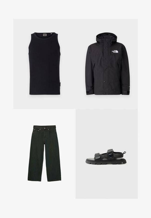 Musta vedenpitävä takki hupulla, jossa on vetoketjusuljenta, napit ja brändin logo rinnassa. Takissa on säädettävät hihat ja sileä pinta.; Musta ilmanhiha tank top, joka on valmistettu puuvillasta, varustettuna ribbauskankaalla, pyöreällä kaula-aukolla ja pienellä sivulapulla. Yksinkertainen, istuva muotoilu.; Tummanvihreät leveälahkeiset farkut, valmistettu denimistä; sisältää etu-napivaatteen ja vetoketjun, viisi taskua sekä hienovaraisia tekstuurivaihteluita.; Musta sandaalit, joissa on teksturoidusta kankaalta valmistettu päällinen, leveät hihnat, metalliset solkiyksityiskohdat ja paksu kumipohja, jossa on urituskuvio.