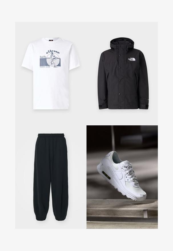 Μαύρο αδιάβροχο μπουφάν με κουκούλα, που διαθέτει φερμουάρ, κουμπιά και λογότυπο στη θήκη. Έχει ρυθμιζόμενους καρπούς και λεία υφή.; Λευκή βαμβακερή μπλούζα με μπλε γραφικό ενός τενίστα, με κείμενα "ellesse", "Grand Prix" και "TENNIS CLUB" σε μπλε εκτύπωση.; Μαύρες, φόρμες με ελαστική μέση και χαλαρή εφαρμογή, με ρεβέρ στους αστραγάλους, λεία υφή και χωρίς ορατά μοτίβα ή αξεσουάρ.; Λευκό αθλητικό παπούτσι Nike Air Max 90 με άνω μέρος από διχτυωτό και δερμάτινο υλικό, τρυπητό μπροστινό μέρος και ορατή μονάδα αέρα στη φτέρνα.